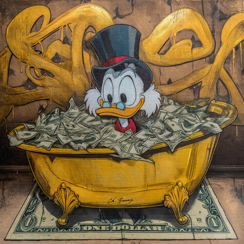 Scrooge McDuck in golden bathtub by Cheeky Bunny, Painting for Sale on Select