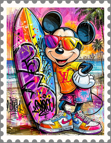 Postage stamp Mickey on Surf by Cheeky Bunny, Painting for Sale on Select