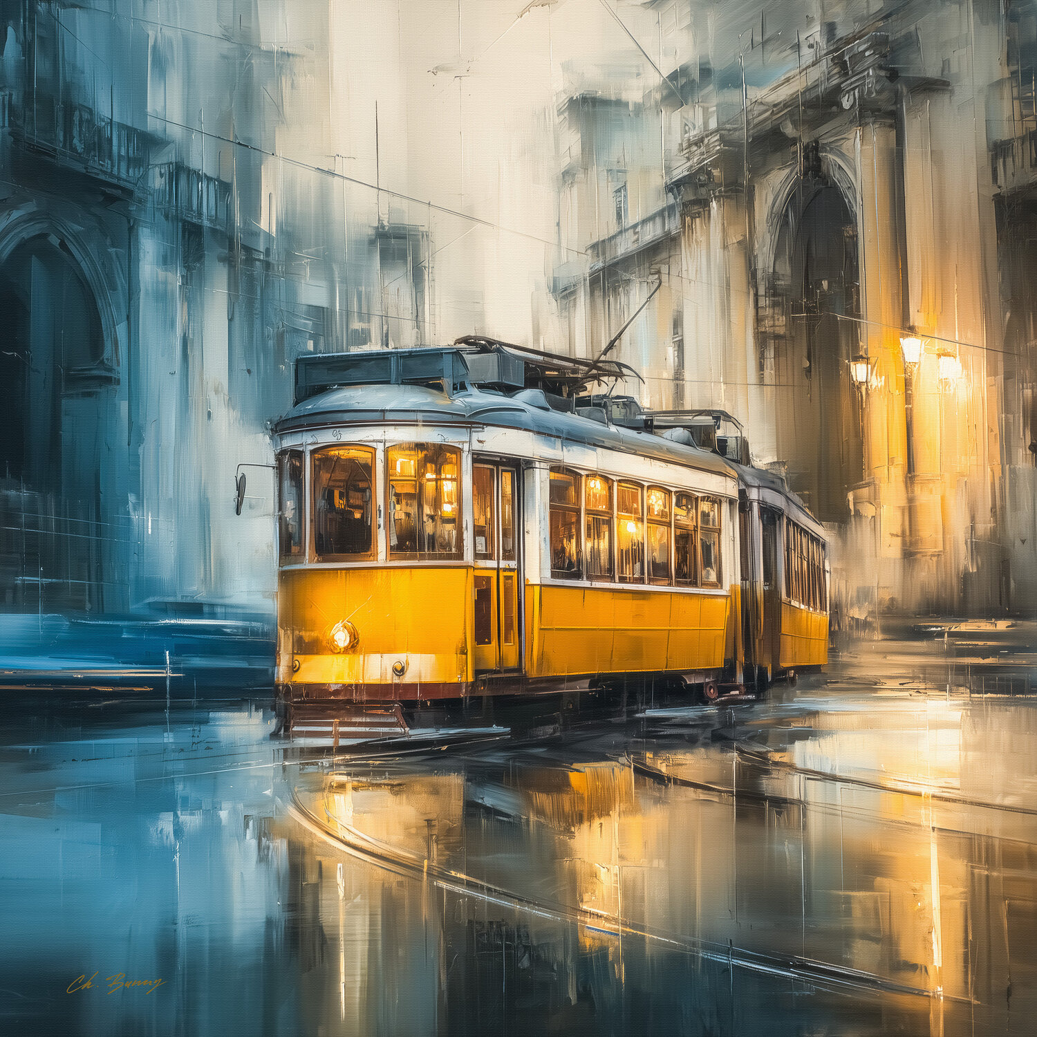Lisbon Yellow Tram Cheeky Bunny Original painting for sale