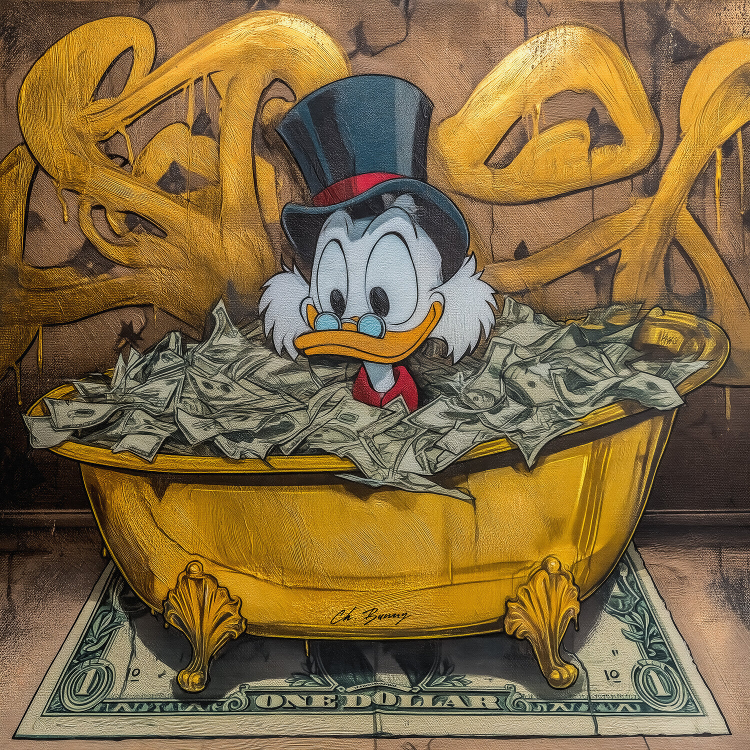 Scrooge McDuck in golden bathtub Cheeky Bunny Original painting for sale