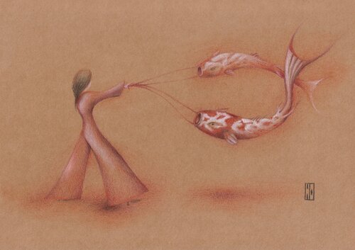 Un envol de carpes koï by Hubert Ollivier, Drawing for Sale on Select