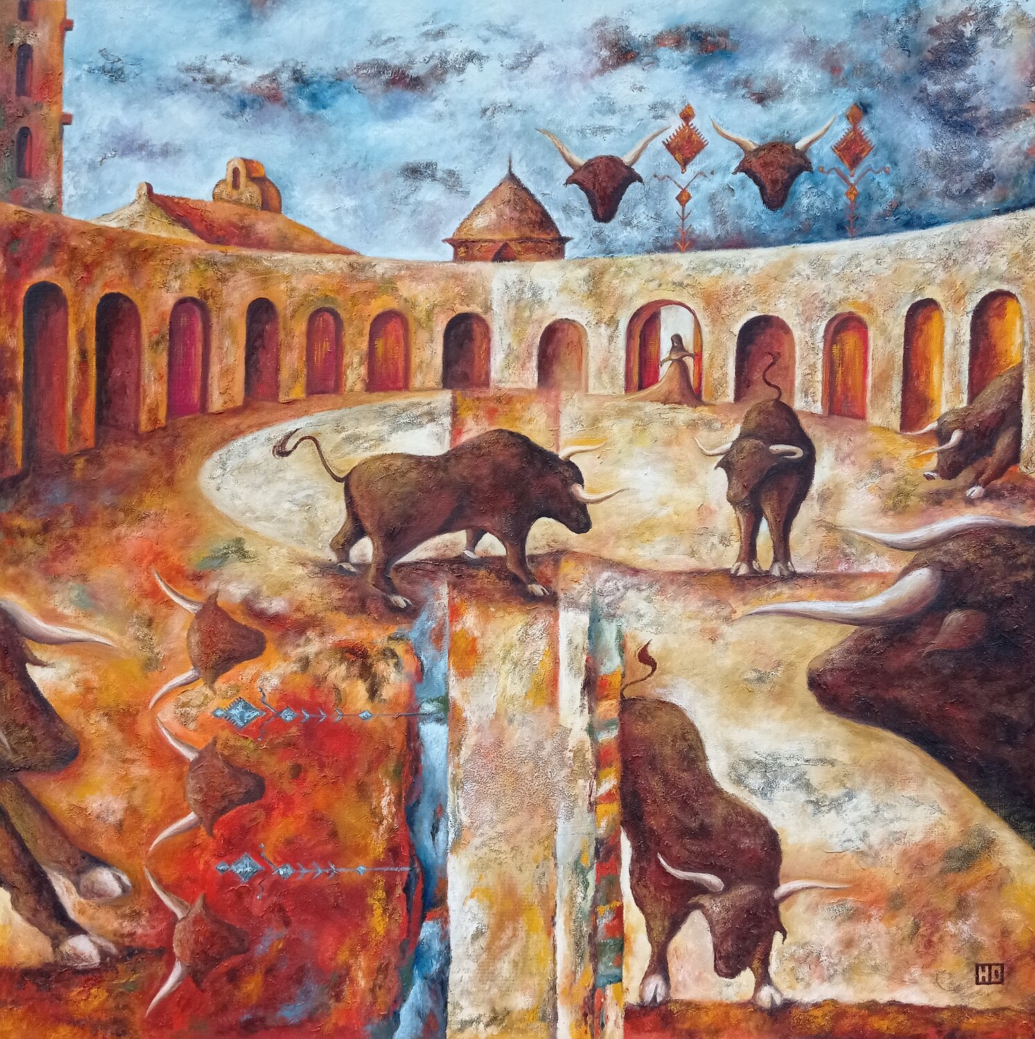 Toros en Colombia Hubert Ollivier Original painting for sale