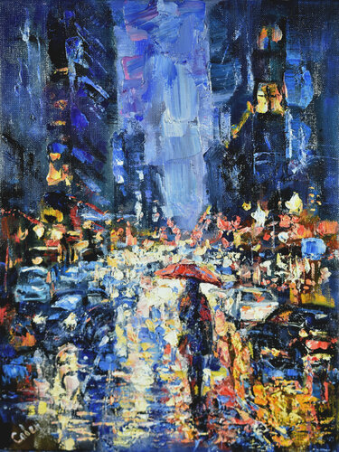 New York Painting City Night Original Art Street Rain Wall Art by Natalya Savenkova, Painting for Sale on Select