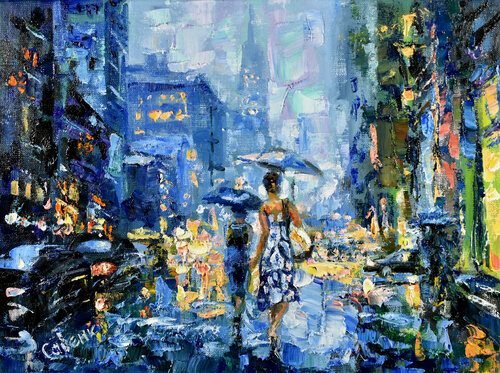 New York Painting Rainy Street Original Art NYC Artwork Umbrella Girl by Natalya Savenkova, Painting for Sale on Select