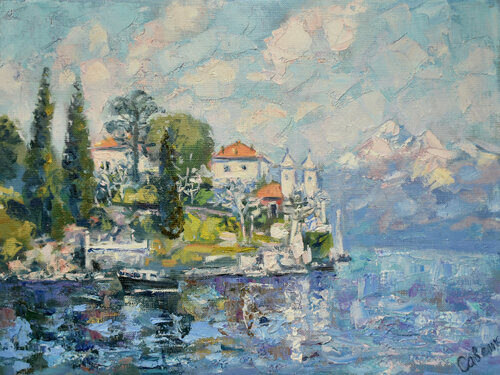 Italy Painting Lake Como Original Art Canvas Landscape by Natalya Savenkova, Painting for Sale on Select