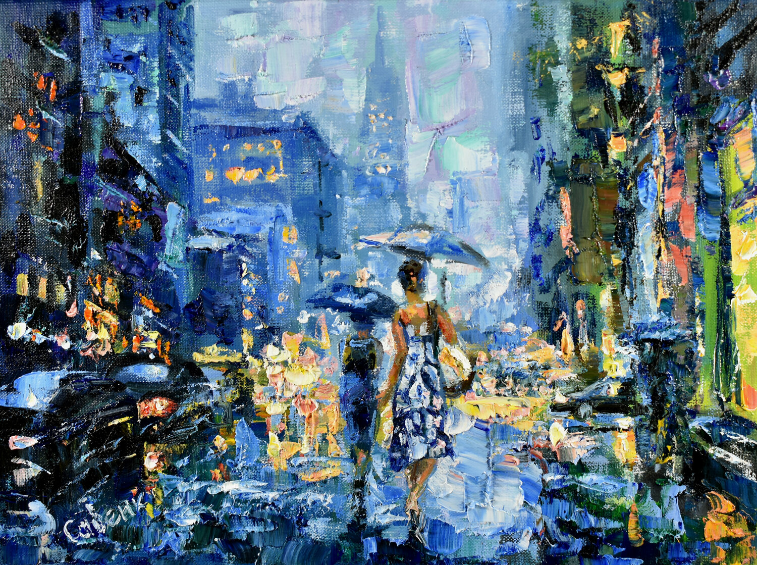 New York Painting Rainy Street Original Art NYC Artwork Umbrella Girl Natalya Savenkova Original painting for sale