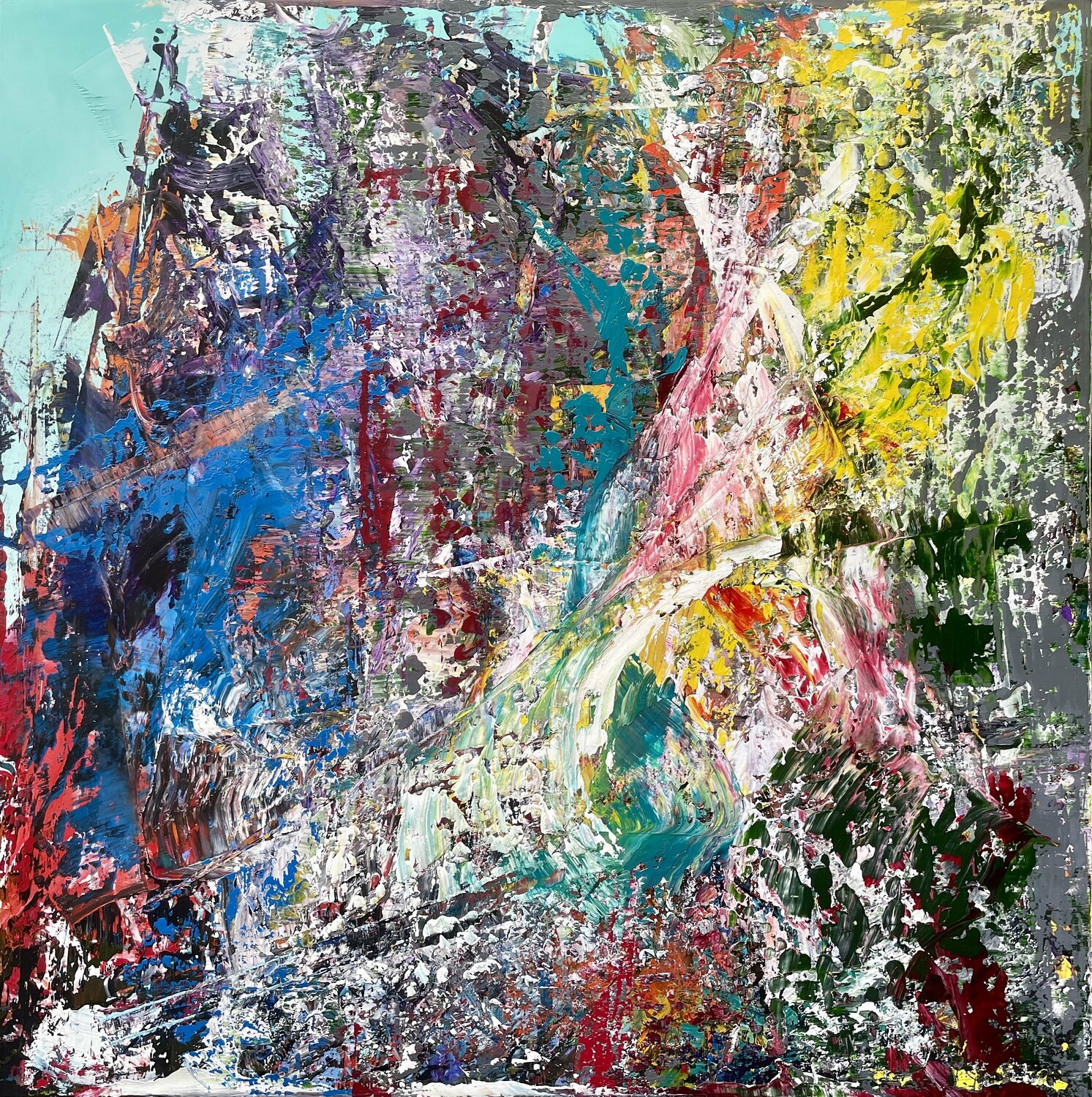 LARGE SQUARE ABSTRACT WITH BLUE SKY Ludwig Kranich Original painting for sale