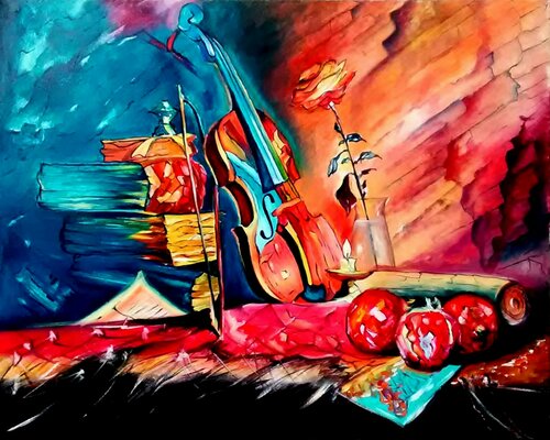 Violin and rose in a glass by Serhiy Berezin, Painting for Sale on Select