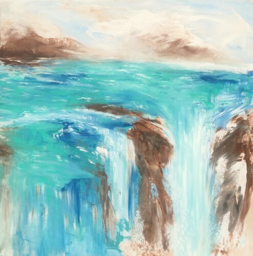 Chasing teal waterfalls by Mariam Qureshi, Painting for Sale on Select