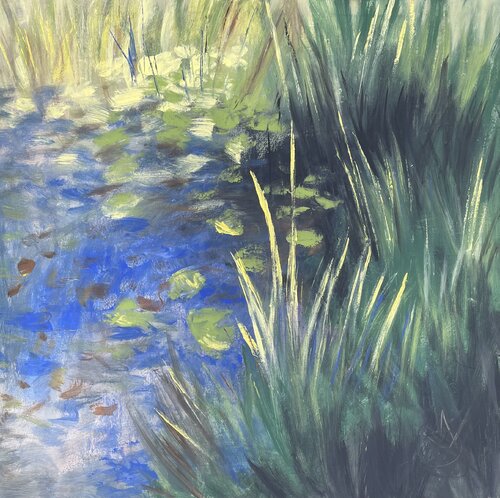 Dancing leaves in a pond by Mariam Qureshi, Painting for Sale on Select