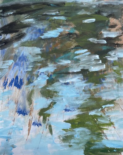 Floating Petals – Original Acrylic Abstract Pond Painting by Mariam Qureshi, Painting for Sale on Select