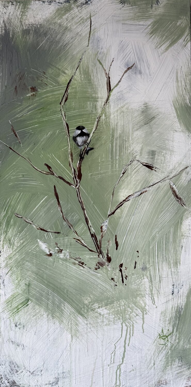 Little Chikadee, the witness,  suspended in sage Mariam Qureshi Original painting for sale