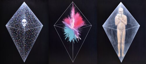 Damien Hirst and a Skull Triptych No.4 by Daisuke Ujuan, Painting for Sale on Select