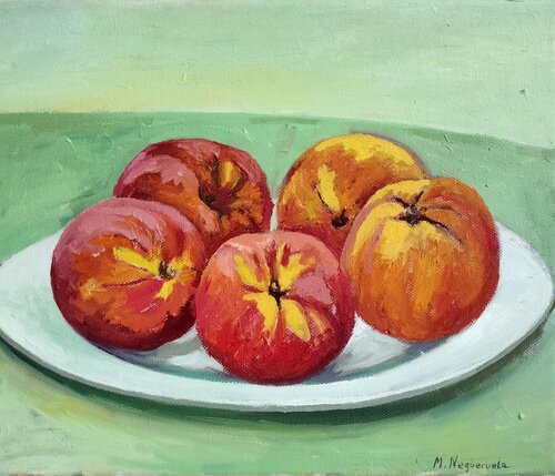 Melocotones sobre fondo verde by Marietta Negueruela, Painting for Sale on Select