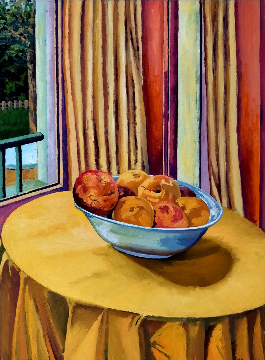 Melocotones sobre mesa amarilla Marietta Negueruela Original painting for sale