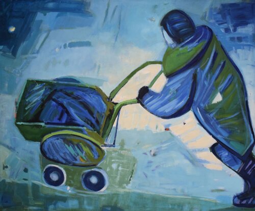 alte Frau mit Kinderwagen by Ela Köhler, Painting for Sale on Select