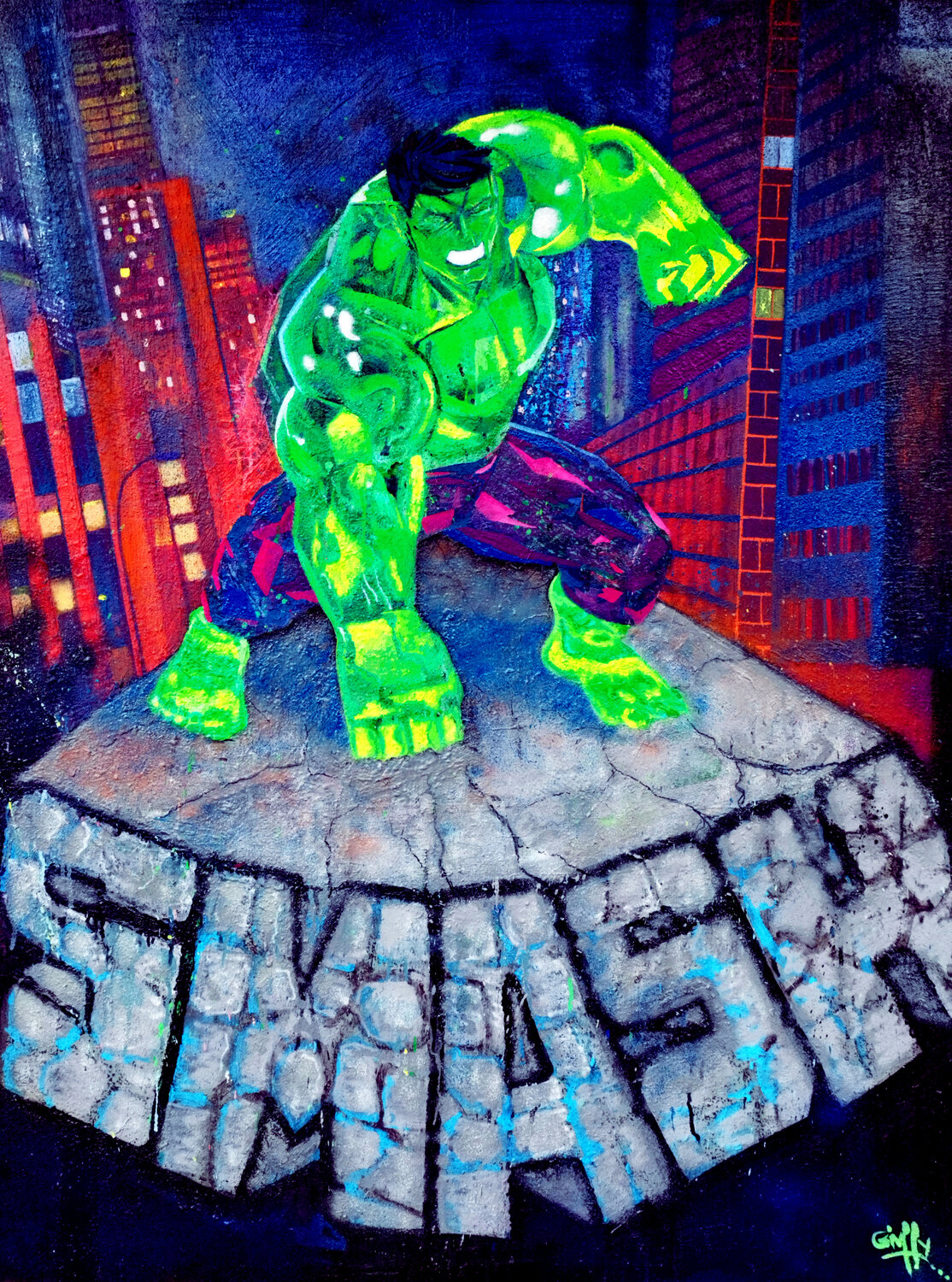 Hulk SMASH Giuseppe Valia Original painting for sale