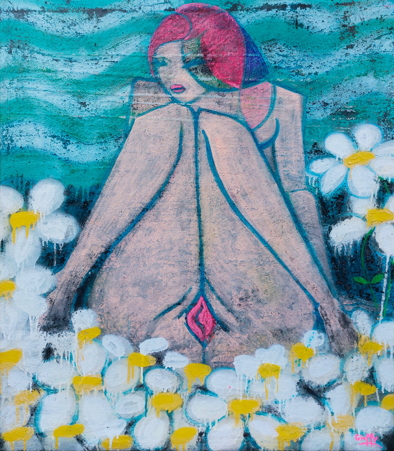 She with red hair among the waves and daisies Giuseppe Valia Original painting for sale