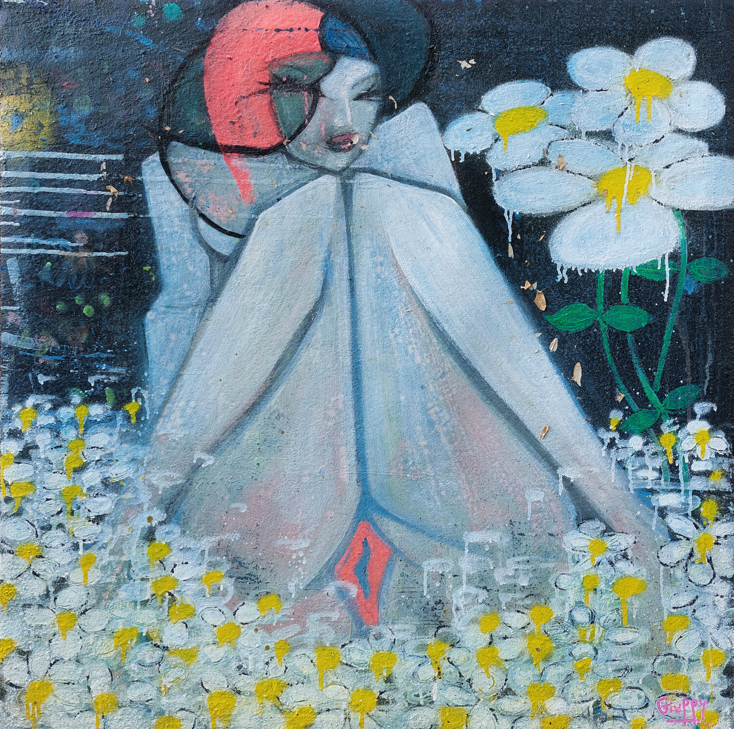 She is carefree among the daisies. Giuseppe Valia Original painting for sale