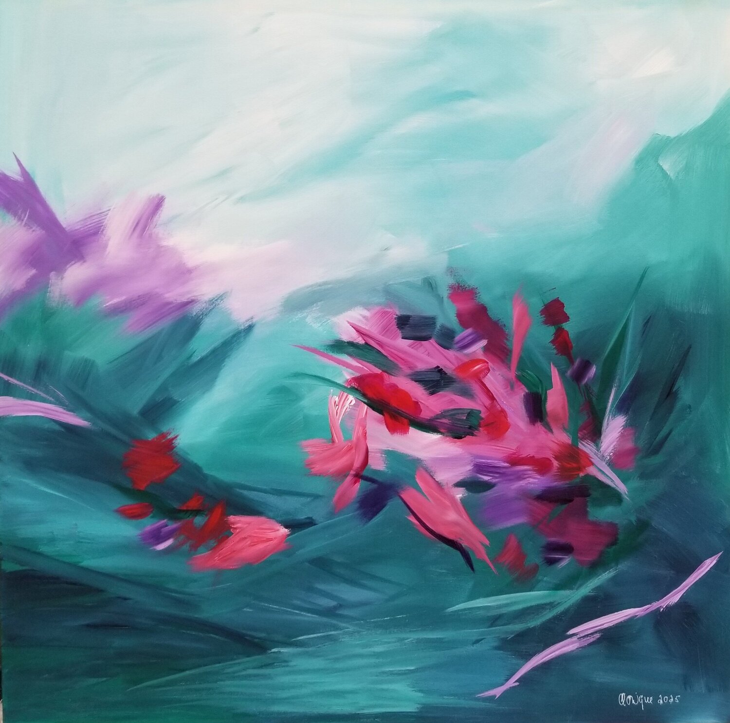 Coral in the turquoise drifts - 2025 Monique Dufour Original painting for sale