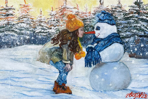 The girl and the snowman by Anna Pavlovich-Naneva, Painting for Sale on Select