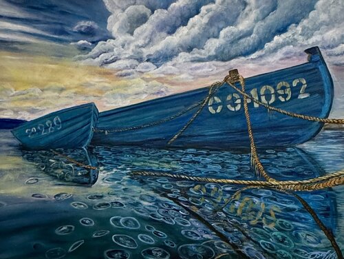 Boats, jellyfish in Sozopol by Anna Pavlovich-Naneva, Painting for Sale on Select