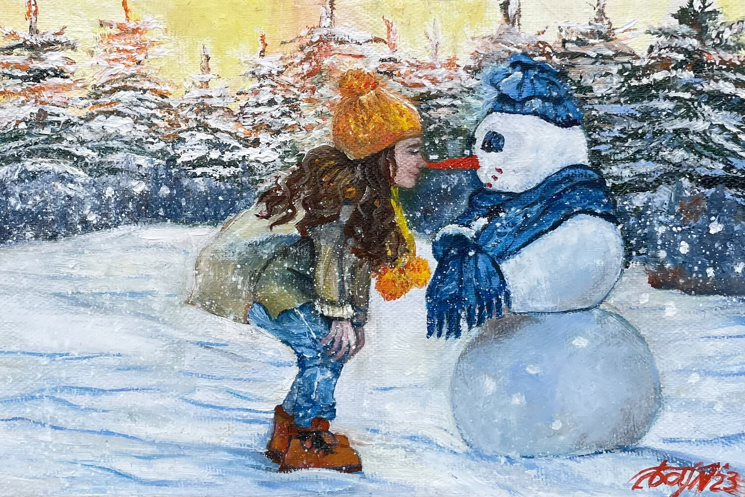 The girl and the snowman Anna Pavlovich-Naneva Original painting for sale