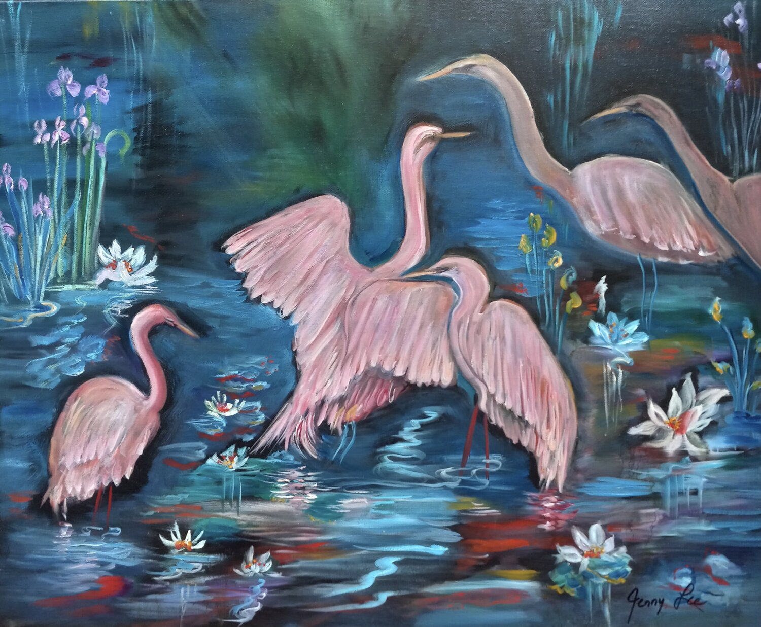 Pink Egrets in the Mist 11 Jenny Lee Original painting for sale