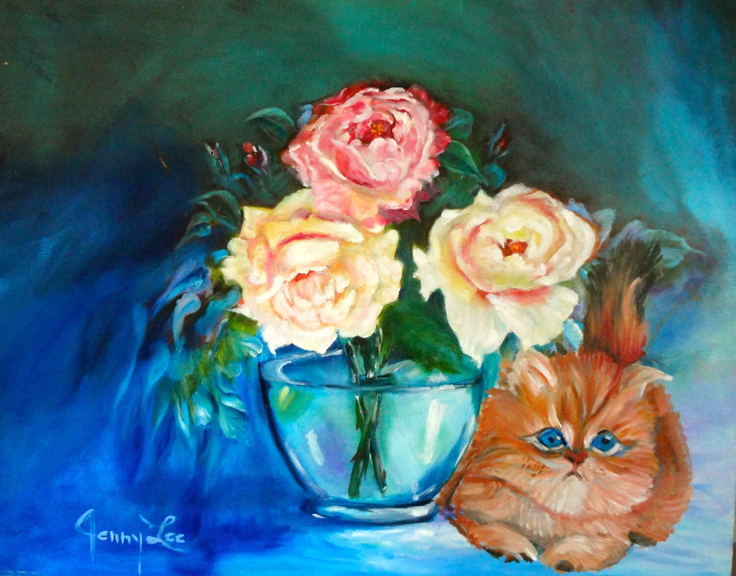Tabby Kitten with Roses Jenny Lee Original painting for sale