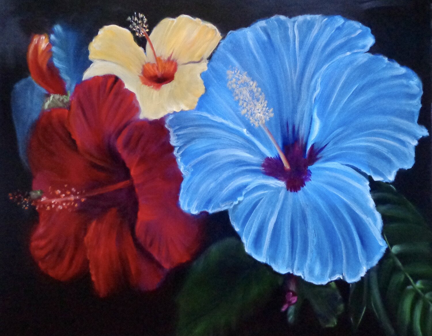 Blue and Red Hibiscus Jenny Lee Original painting for sale