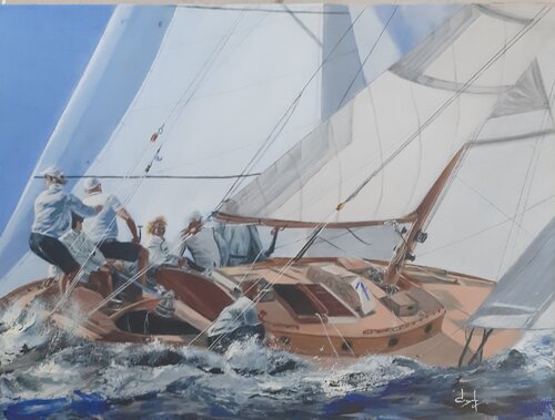 Régate en Méditerranée, voilier avec 7 marins by Véronique Degabriel, Painting for Sale on Select