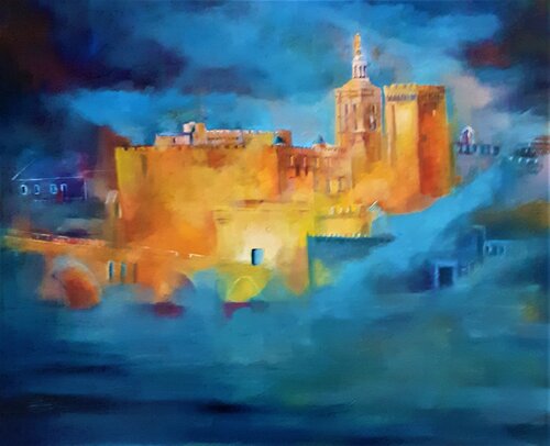 Avignon en rêve coloré, le palais des papes et le pont Saint Bénezet by Véronique Degabriel, Painting for Sale on Select