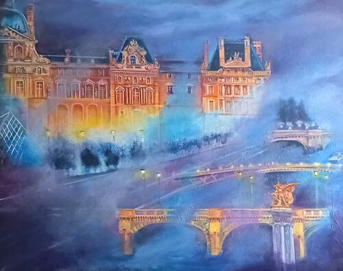 Ambiance nocturne sur Le louvre à Paris by Véronique Degabriel, Painting for Sale on Select