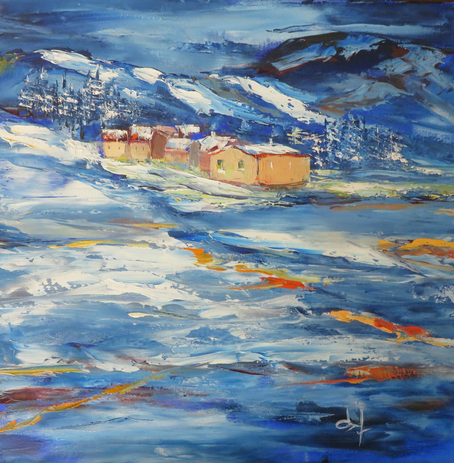 Village en hiver Véronique Degabriel Original painting for sale