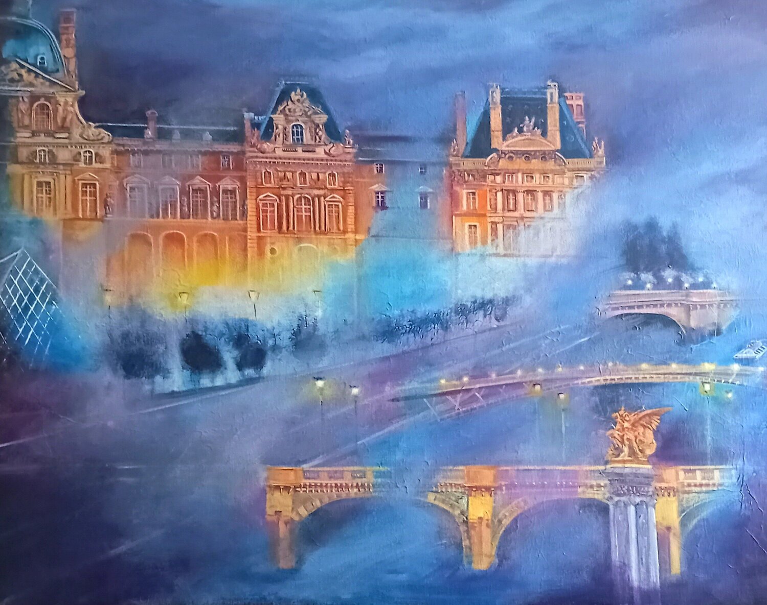 Ambiance nocturne sur Le louvre à Paris Véronique Degabriel Original painting for sale