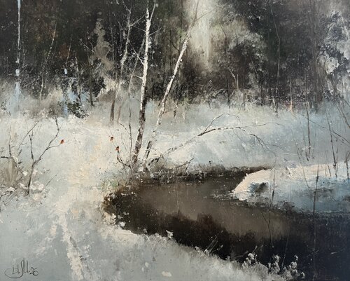 The river near Skhodnya. Close to Zelenograd. Bullfinches von Igor Medvedev, Malerei kaufen auf Select