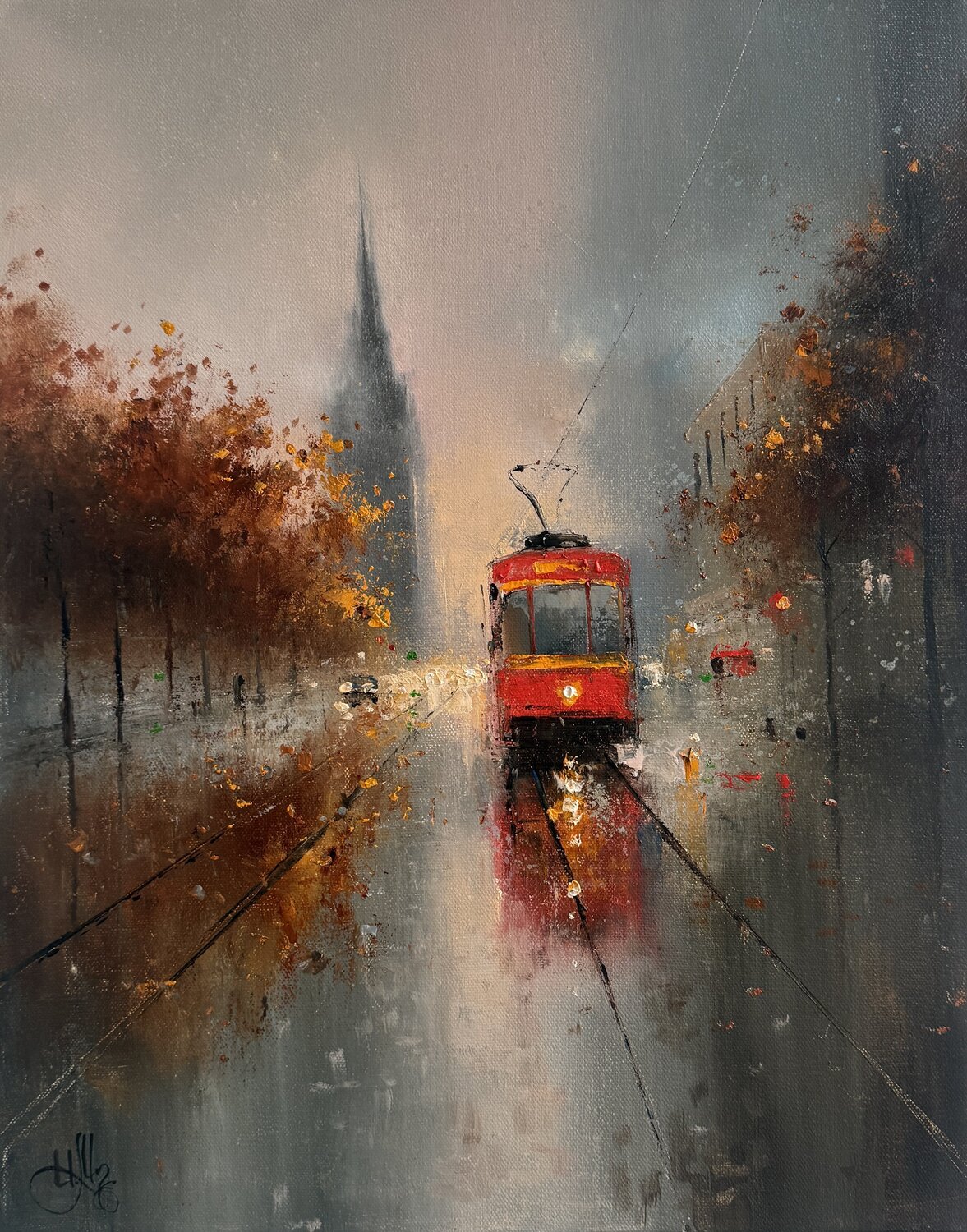 About the Red Tram Igor Medvedev Originalgemälde zu verkaufen