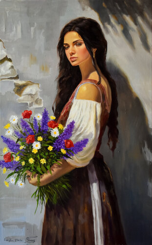 A portrait with wild flowers by Serghei Ghetiu, Painting for Sale on Select