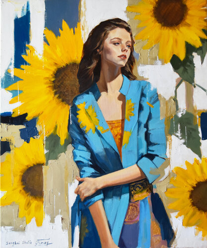 A portrait with sunflowers by Serghei Ghetiu, Painting for Sale on Select
