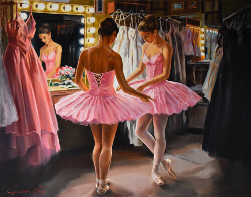 Ballerinas at the dressing room by Serghei Ghetiu, Painting for Sale on Select
