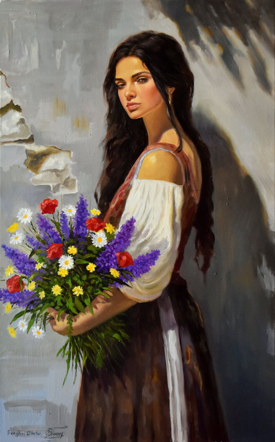 A portrait with wild flowers Serghei Ghetiu Original painting for sale