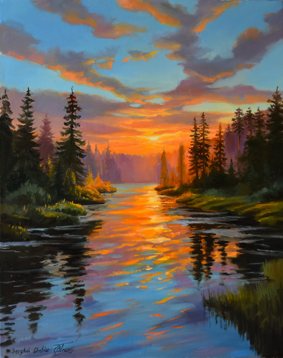 The sunset in the forest Serghei Ghetiu Original painting for sale