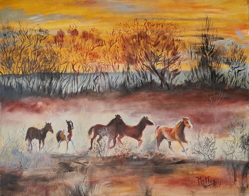 En libertad (Caballos corriendo) by Rosario De Mattos, Painting for Sale on Select