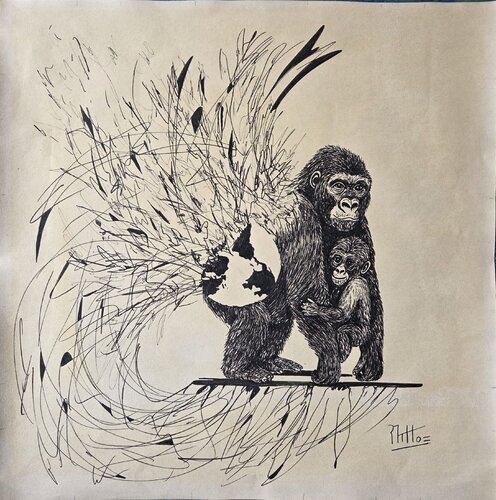 SU DESTINO: NUESTRO DESTINO 26-3 ( EXTINCIÓN DE LOS ANIMALES mono gorila) by Rosario De Mattos, Painting for Sale on Select