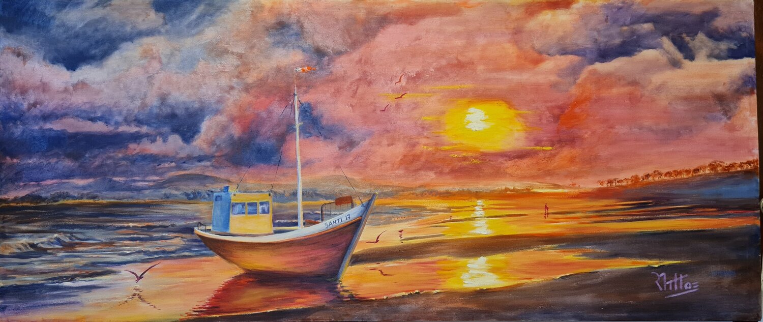 Atardecer en la playa 25 10 (crepúsculo en la costa, barco de pescadores y gaviotas en la orilla) Rosario De Mattos Original painting for sale