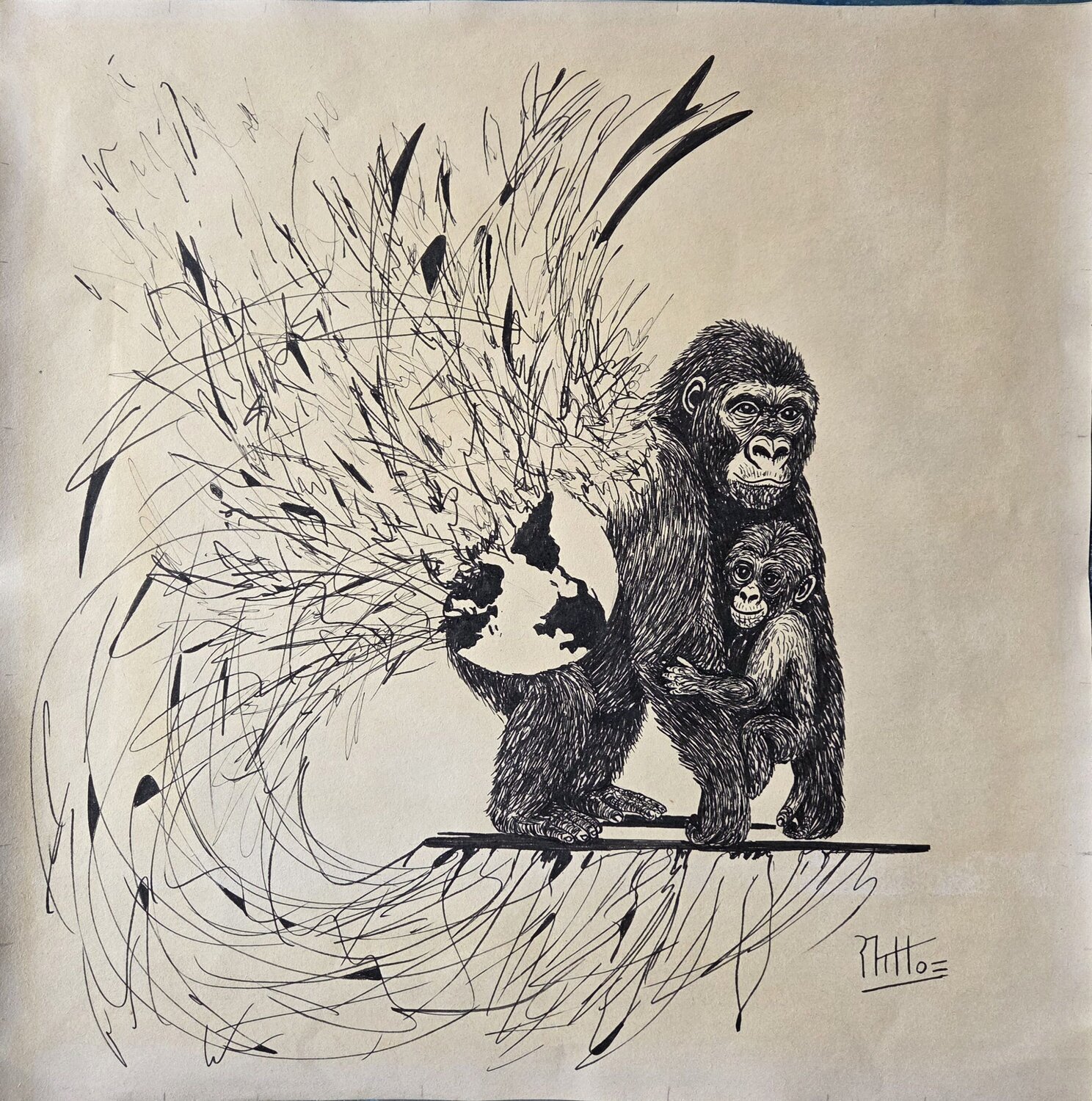 SU DESTINO: NUESTRO DESTINO 26-3 ( EXTINCIÓN DE LOS ANIMALES mono gorila) Rosario De Mattos Original painting for sale