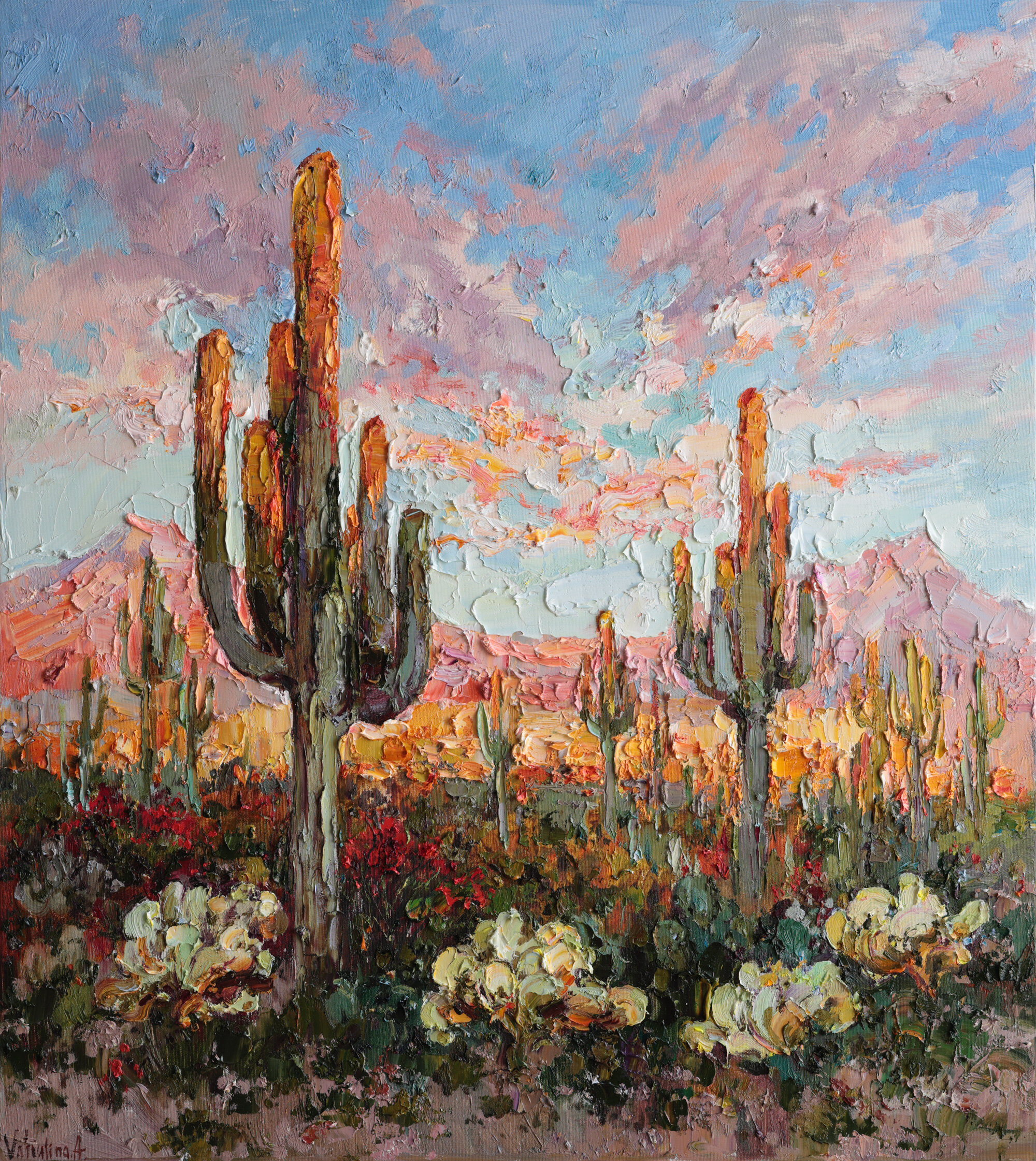 Cacti in the Desert at Sunset