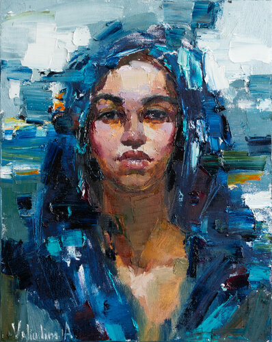 Woman in a Blue Headscarf by Anastasiya Valiulina, Painting for Sale on Select