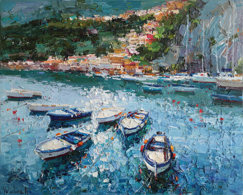 Boats in the Bay by Anastasiya Valiulina, Painting for Sale on Select