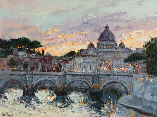 St. Angelo Bridge at Sunset, Rome - Original oil painting by Anastasiya Valiulina, Painting for Sale on Select